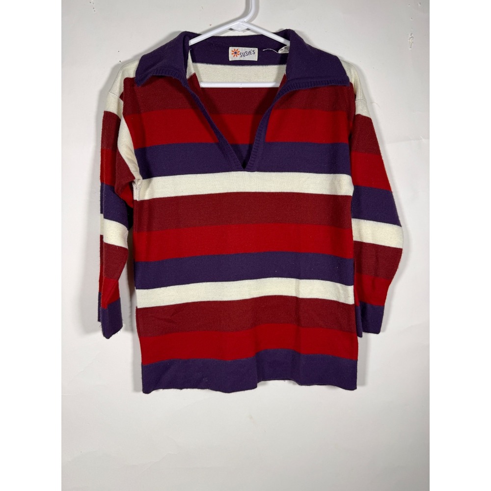 Vintage Susie's Striped Knit Sweater Red Purple Cream V-Neck Polo Collar Large